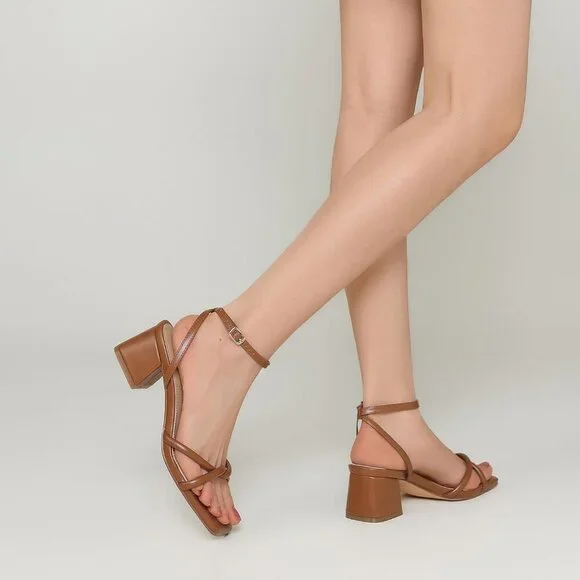 Women's Open Square Toe Chunky Block Sandals Chic Strappy Heels Brown Shoes - Picture 6 of 6